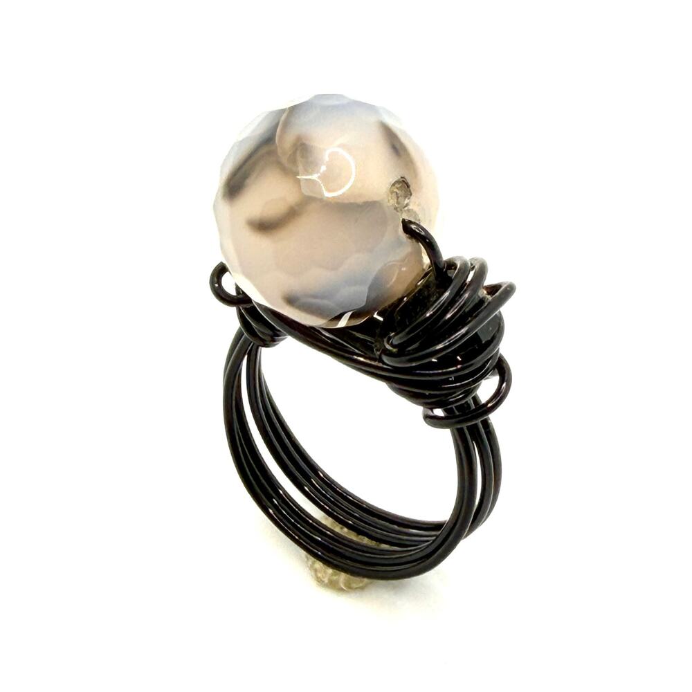 Vintage 90s Black Dendritic Agate Boho Wire Wrapped Faceted Orb Ring